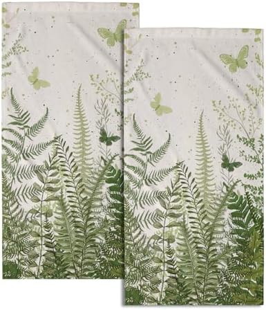 Fern Leaf Hand Towels Set of 2, 14x28 Inch Summer Botanical Greenery Leaves Tropical Decor Absorbent Soft Dish Cloth for Home Kitchen Bathroom Seasonal Decoration