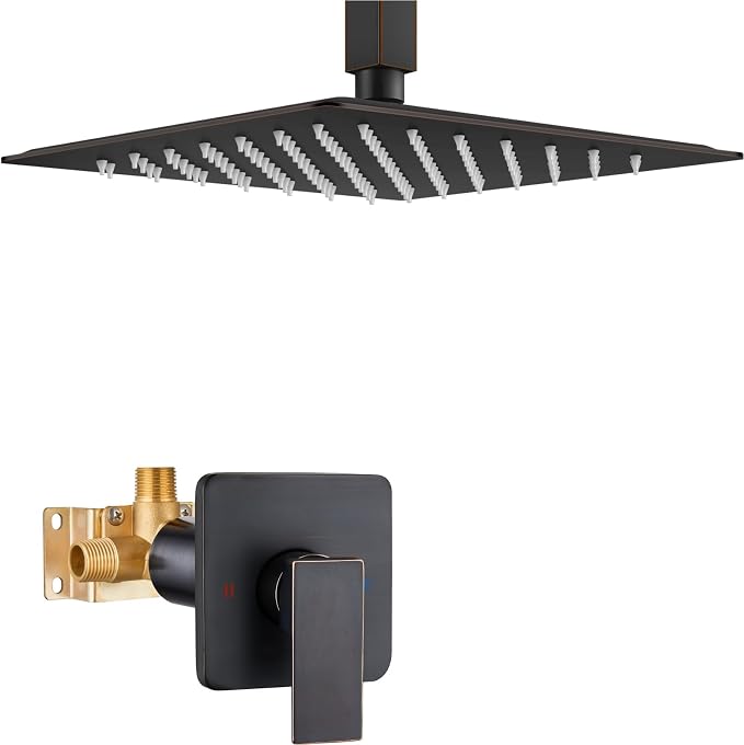 Heyalan10 Inch Ceiling Mount Shower Faucet Set with Valve,Oil Rubbed Bronze | Rainfall shower head, ceiling-mount design, SUS304 steel, adjustable angle, single-handle control
