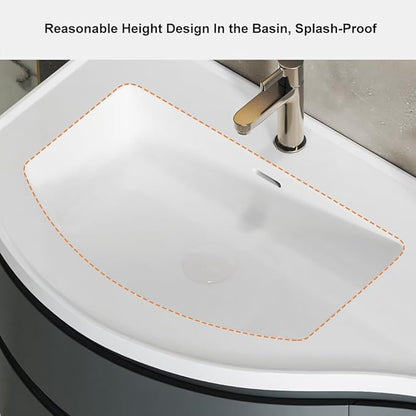 KunMai 35.4" Modern Floating Bathroom Vanity with Sink, Wall Mounted Stone Resin Top Vanity Cabinet with Storage Drawers & Door, White Wall Hung Vanity for Small Bathrooms