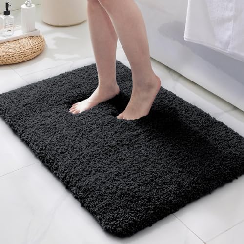 ILANGO Black Bathroom Rugs 36" × 24" Non Slip & Super Absorbent Extra Thick Soft, Washable Bath Mat for Floor, Microfiber Plush Shaggy Bath Rug with Rubber for Bathtub Shower Room Sink