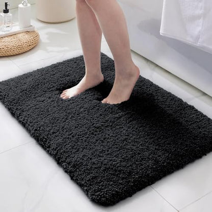 ILANGO Black Bathroom Rugs 36" × 24" Non Slip & Super Absorbent Extra Thick Soft, Washable Bath Mat for Floor, Microfiber Plush Shaggy Bath Rug with Rubber for Bathtub Shower Room Sink