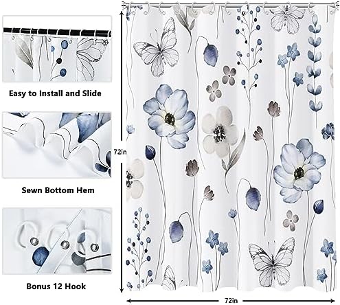 Floral Shower Curtain,Shower Curtains for Bathroom,Blue Flower Shower Curtain Sets Leaf Shower Curtain Plants Blue White Fabric Waterproof Cloth Bathtub Curtains with Hooks 72x72 Inch