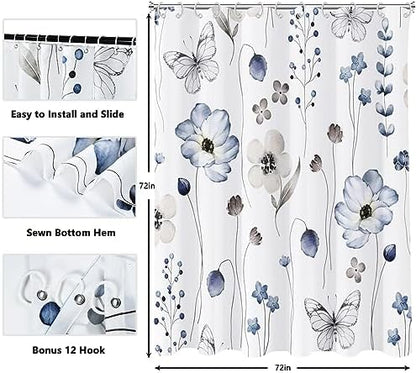 Floral Shower Curtain,Shower Curtains for Bathroom,Blue Flower Shower Curtain Sets Leaf Shower Curtain Plants Blue White Fabric Waterproof Cloth Bathtub Curtains with Hooks 72x72 Inch