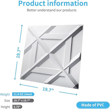 Art3d PVC 3D Wall Panel, Decorative Wall Tile in White 12-Pack 19.7"x19.7" | Waterproof, Scratch Resistant, Wall & Ceiling Decor Panels, Ideal for Commercial Spaces