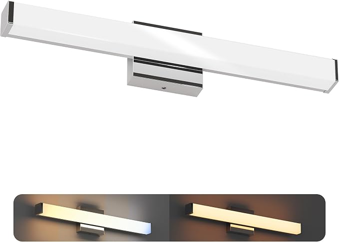 24 Inch Bathroom Vanity Light Fixtures with Night Light: Long Square Wall Mounted LED Lighting Bar Over Mirror with 5CCT & 2200K Color Changing, 120V, 1230-1350lm, ETL, Chrome, 1 Pack