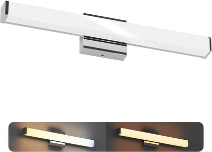 24 Inch Bathroom Vanity Light Fixtures with Night Light: Long Square Wall Mounted LED Lighting Bar Over Mirror with 5CCT & 2200K Color Changing, 120V, 1230-1350lm, ETL, Chrome, 1 Pack