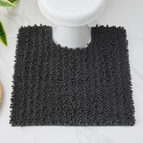 Disolla Toilet Rug 24x24 Inch - Dark Grey U-Shaped Bathroom Floor Mat, Soft Shaggy Plush Absorbent Chenille Contour Rug, Non-Slip Washable Pedestal Base Rug