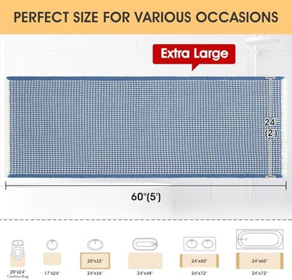 IM HOME Waffle Bath Mat Blue & Cream 5'x2', Boho Woven Modern Bath Mat Rugs, Absorbent Non Slip Bathroom Rugs, Soft Washable Bath Rugs with Tassels for Bathroom, Bedroom, Kitchen, Shower, Tub
