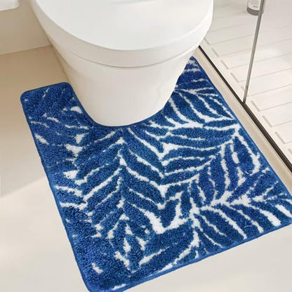 Blue Toilet Rug - U-Shaped Dark Blue Bath Mat Tropical Leaf U Shape Toilet Rugs Non Slip Washable for Bathroom Floor, Cute Plant Bathmat Absorbent Bathroom Mats Botanical Home Decor 20" x 24"