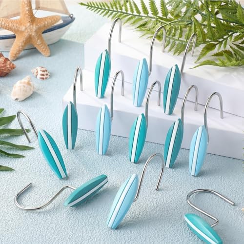 Amyhill 12 Pcs Surfboard Shower Curtain Hooks Decorative Shower Curtain Rings Stainless Steel Resin Sea Theme Bathroom Decor Suitable for Home Bedroom