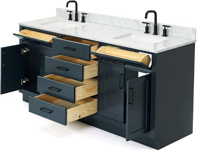 ARIEL Hepburn 72-inch Bathroom Vanity with Sink,Solid Wood, 0.75-inch Italian Carrara Marble Countertop, Double Rectangular Porcelain Sink, 4 Soft Closing Doors, 6 Dovetail Drawers, Midnight Blue