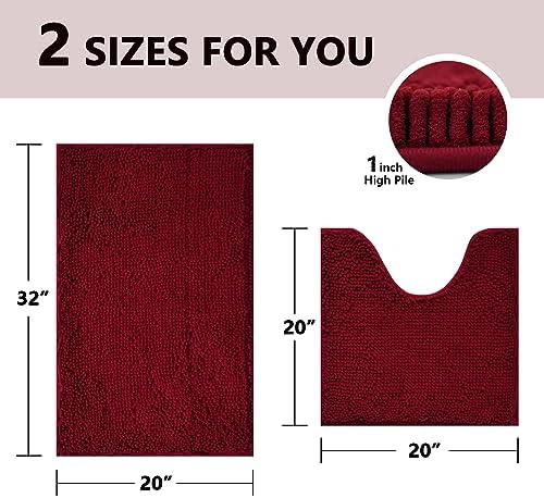 BOANKODU Bath Mat Set, 2 Piece - Soft Chenille, Non-Slip, 32x20 Inch + 20x20 Inch U Shape, Machine Washable (Burgundy)