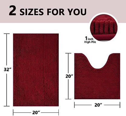 BOANKODU Bath Mat Set, 2 Piece - Soft Chenille, Non-Slip, 32x20 Inch + 20x20 Inch U Shape, Machine Washable (Burgundy)