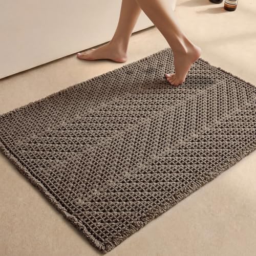 Sunfly Boho Herringbone Waffle Bath Mat, Ultra Soft Non-Slip Bathroom Rug - Super Absorbent & Quick Dry, Washable Bath Rug for Bathroom 24"x48" Taupe