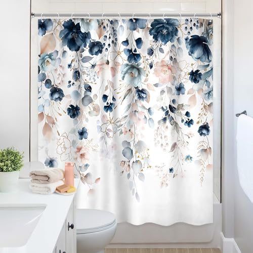 Blue Pink Floral Watercolor Wildflower Rustic Bathroom Shower Curtain Set