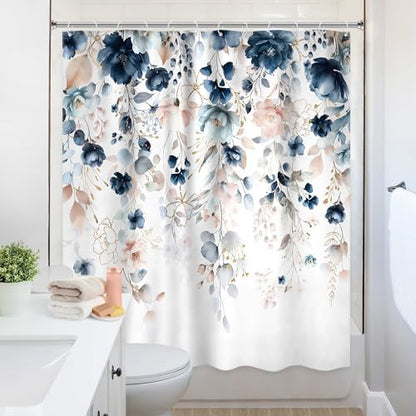 Blue Pink Floral Watercolor Wildflower Rustic Bathroom Shower Curtain Set