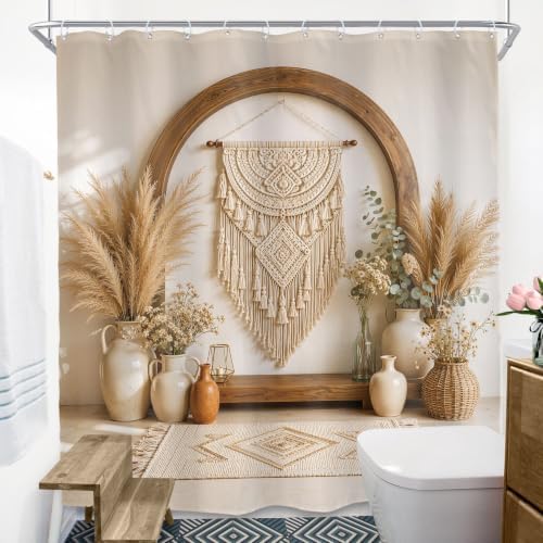Boho Long Bohemian Style Pampas Grass Vases 2D Bathroom Shower Curtain Set