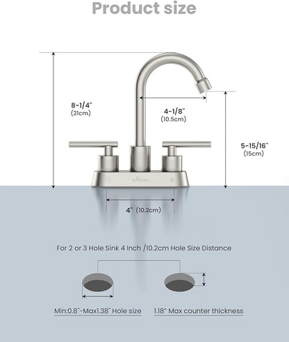 APPASO Bar Sink Faucet 4 Inch Centerset, 2 Hole Brushed Nickel with Dual Handles, 2 Handle Bathroom Faucet Small, Stainless Steel for Wet Bar Bathroom Utility Laundry Room Sink 2-Hole or 3 Holes