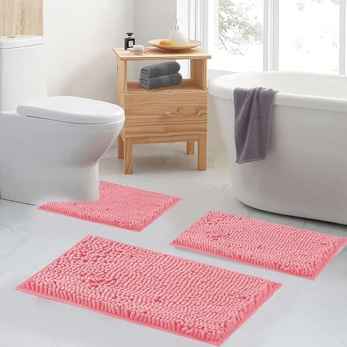 Bathroom Rugs Chenille Bath Mat Set 3-Piece Bath Rugs for Bathoom Extra Soft Bath Mats for Bathoom Non Slip Absorbent Shag Bthroom Carpet, Machine Washable, Toilet Rug Pink