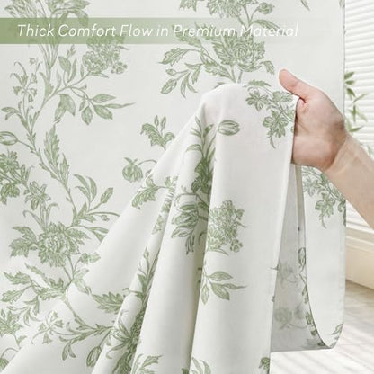 Sage Green Floral Shower Curtain,Vintage Cotton Cottagecore Shower Curtains for Bathroom, 72" W x 72" L