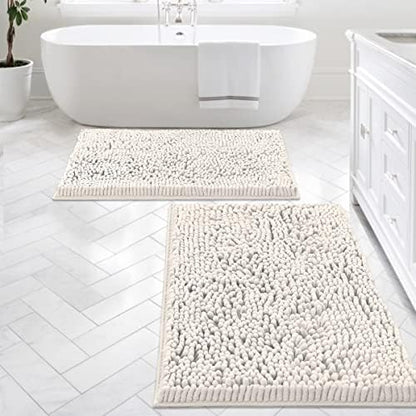 H.VERSAILTEX Bath Mats for Bathroom Non Slip Luxury Chenille Bathroom Rugs Extra Soft Absorbent Shaggy Mat Rugs Washable Fast Dry 2 Piece (Ivory, 24" x 36"/20" x 32")