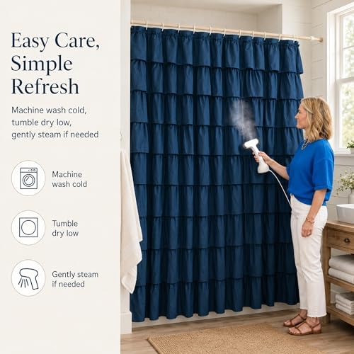 Navy Blue Ruffle Shower Curtain for Bathroom, 72x72 inch, 1 Panel