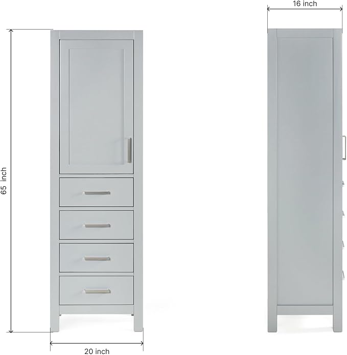 ARIEL Cambridge Bathroom Storage Cabinet - Solid Hevea Wood and Fully Assembled for Long-Lasting Durability and Sophisticated Finish, Freestanding Linen Bathroom Cabinet - 65”H x 20”W x 16”D, Grey