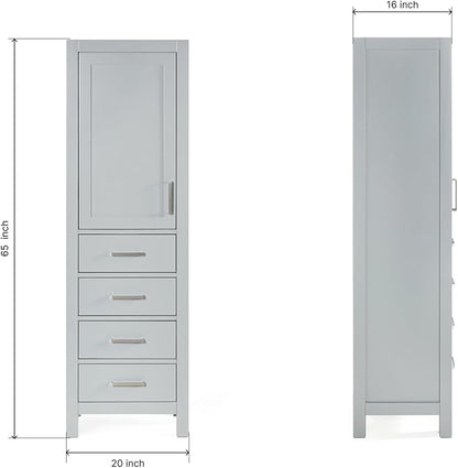 ARIEL Cambridge Bathroom Storage Cabinet - Solid Hevea Wood and Fully Assembled for Long-Lasting Durability and Sophisticated Finish, Freestanding Linen Bathroom Cabinet - 65”H x 20”W x 16”D, Grey