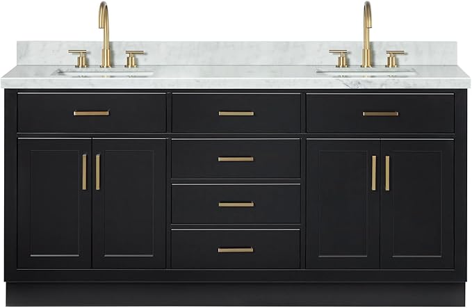 ARIEL Hepburn 72-inch Bathroom Vanity with Sink,Solid Wood, 1.5-inch Italian Carrara Marble Countertop, Double Rectangular Porcelain Sink, 4 Soft Closing Doors, 6 Dovetail Drawers, Black