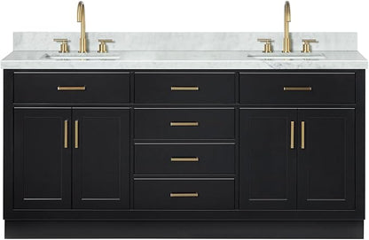ARIEL Hepburn 72-inch Bathroom Vanity with Sink,Solid Wood, 1.5-inch Italian Carrara Marble Countertop, Double Rectangular Porcelain Sink, 4 Soft Closing Doors, 6 Dovetail Drawers, Black