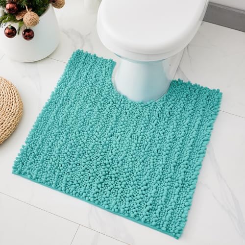 Toilet Rugs U-Shaped Mat 24x24, Contour Bathroom Mat - Ultra Soft & Absorbent Chenille, Quick-Dry, Machine Washable with Non Slip Barrier Backing, Teal