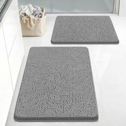 Bcoimo Bath Rug Mat Sets, 2 Piece Extra Soft Chenille Gray Bathroom Mat Set