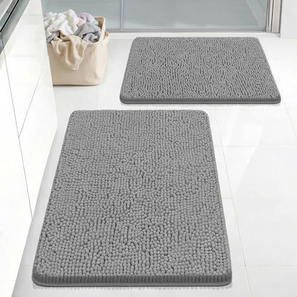 Bcoimo Bath Rug Mat Sets, 2 Piece Extra Soft Chenille Gray Bathroom Mat Set