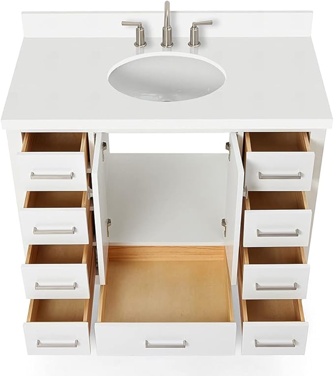 ARIEL Cambridge 42-inch Bathroom Vanity with Sink,Solid Wood, 1.5-inch Pure White Quartz Countertop & Backsplash, Single Oval Porcelain Sink, 2 Soft Closing Doors, 9 Dovetail Drawers, White