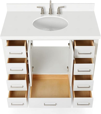 ARIEL Cambridge 42-inch Bathroom Vanity with Sink,Solid Wood, 1.5-inch Pure White Quartz Countertop & Backsplash, Single Oval Porcelain Sink, 2 Soft Closing Doors, 9 Dovetail Drawers, White