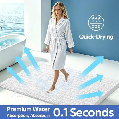 ACCUMTEK Upgrade Extra Large White Bathroom Rug Set 3 Pieces Ultra Soft, Thick Absorbent Bath Mats, Non Slip Chenille Toilet Mat for Bathroom, Bedroom, Kitchen