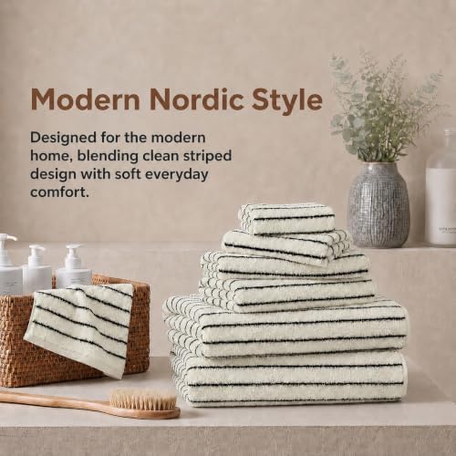 8 Pack Black and Ivory Bath Towel Set, Cotton Striped Bath Towels