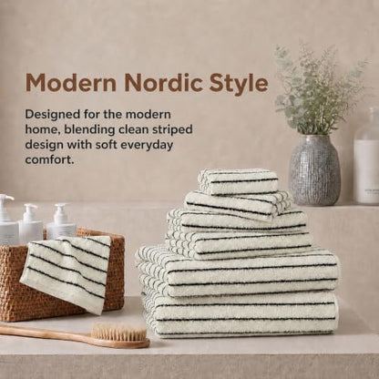 8 Pack Black and Ivory Bath Towel Set, Cotton Striped Bath Towels
