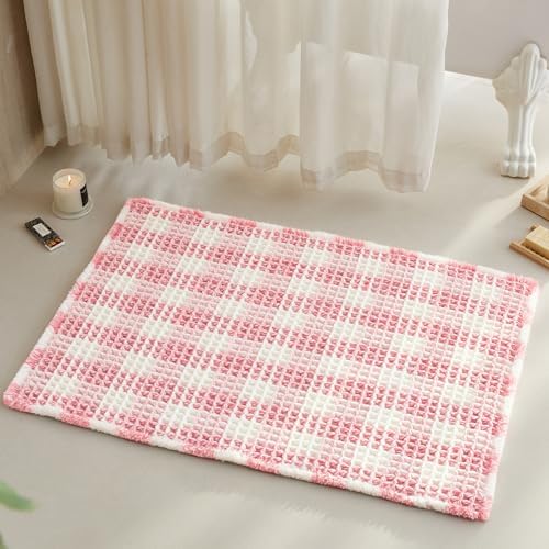 TYUU Waffle Bath Mat, Cute Bathroom Rugs Non Slip, 36x24 Pink & White