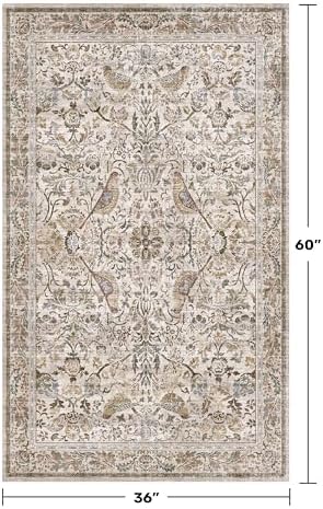 Washable 3x5 Moss Large Entryway Rugs - Low Pile Soft Boho Area Rug for Bedroom Beside Bed, Laundry, Non Slip Floral Kitchen Mat for Floor, Vintage Botanical Design Stain Resistant Carpet