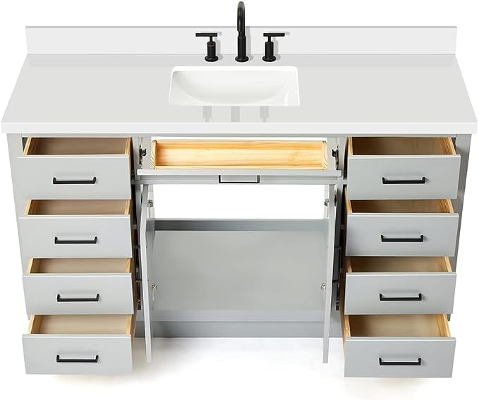 ARIEL Hepburn 60-inch Bathroom Vanity with Sink,Solid Wood, 1.5-inch Pure White Quartz Countertop & Backsplash, Single Rectangular Porcelain Sink, 2 Soft Closing Doors, 9 Dovetail Drawers, Grey