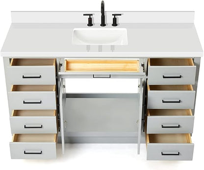 ARIEL Hepburn 60-inch Bathroom Vanity with Sink,Solid Wood, 1.5-inch Pure White Quartz Countertop & Backsplash, Single Rectangular Porcelain Sink, 2 Soft Closing Doors, 9 Dovetail Drawers, Grey