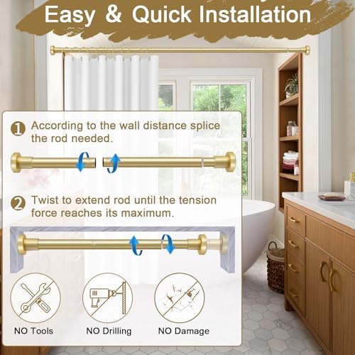 YNL Gold Shower Curtain Rod 32-80 Inch(2.7-6.6ft), Non Slip, Never Rust, No Drill Stainless Steel Spring Tension Shower Rod, Adjustable Tension Rod for Bathroom (Pack of 2)