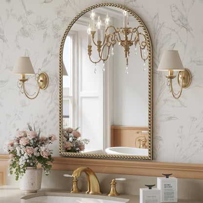 Arched Beaded Mirror, 24"x36" Champagne Bronze Mirror for Bathroom