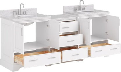 ARIEL Stafford 84-inch Bathroom Vanity with Sink,Solid Wood, 1.5in Italian Carrara Marble Countertop & Backsplash, Double Oval Porcelain Sink, 4 Soft Closing Doors, 5 Dovetail Drawers, White