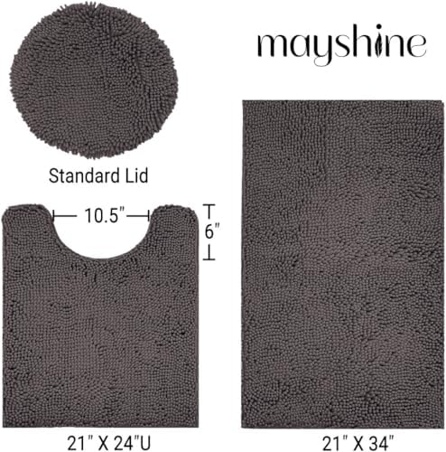 Standard 3pc Set Chenille Bath Mats, Includes 21"x24" U-Shaped Contour Toilet Rug, 21"x34" Inches Bathmat and 1 Toilet Lid Cover, Plush Absorbent Bath Mats Quick Dry, Chocolate Brown