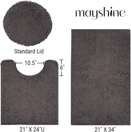 Standard 3pc Set Chenille Bath Mats, Includes 21"x24" U-Shaped Contour Toilet Rug, 21"x34" Inches Bathmat and 1 Toilet Lid Cover, Plush Absorbent Bath Mats Quick Dry, Chocolate Brown