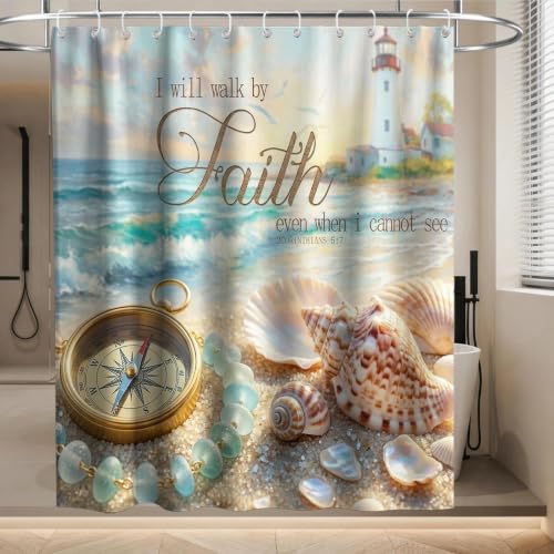 Beach Ocean Modern Shower Curtain Nautical Aesthetic Seashell Lighthouse