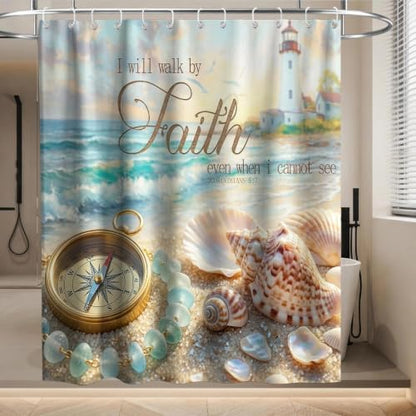 Beach Ocean Modern Shower Curtain Nautical Aesthetic Seashell Lighthouse
