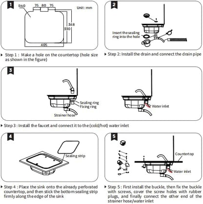 RV Sink Stainless Steel Hand Wash Basin with Folding Lid and Faucet | Tempered Glass Lid, Hot&Cold Faucet, Single Bowl Drop-In Basin Sink for RV Camper Caravan Boat Home, 16.5" x 14.3" x 6.3"